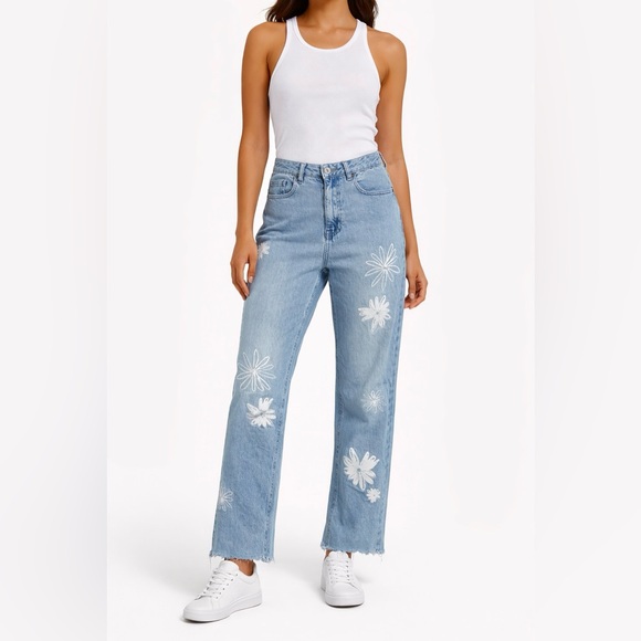 PacSun Denim - Pacsun 100% Cotton Raw Hem Boyfriend Fit Floral Print Light-wash Jeans Size 26